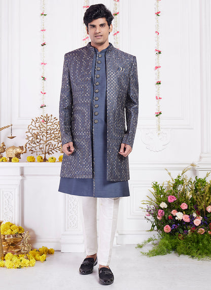 Readymade Art Silk Dark Gray Sherwani with Jacket and Computer Thread Work for Party Wear