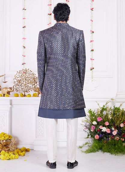 Readymade Art Silk Dark Gray Sherwani with Jacket and Computer Thread Work for Party Wear