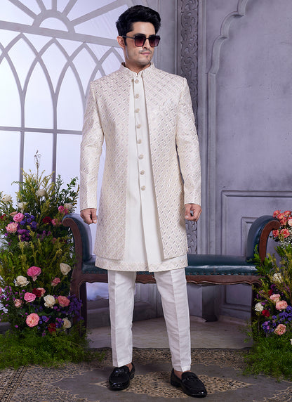 Readymade Art Silk Cream Kurta with Jacket and Thread Work for Wedding Wear
