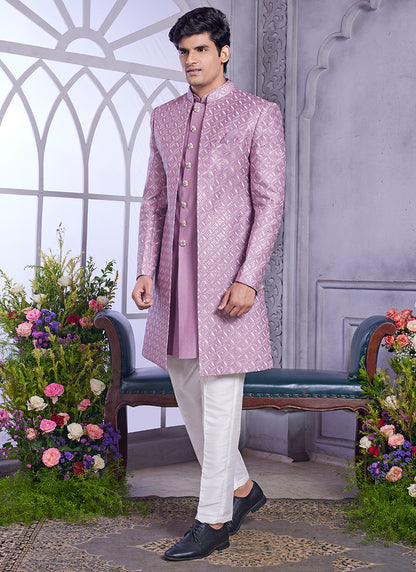 Readymade Art Silk Onion Kurta with Jacket and Thread Work for Wedding Wear