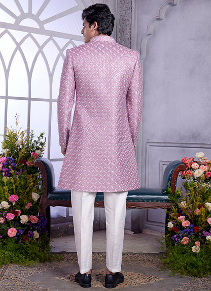 Readymade Art Silk Onion Kurta with Jacket and Thread Work for Wedding Wear