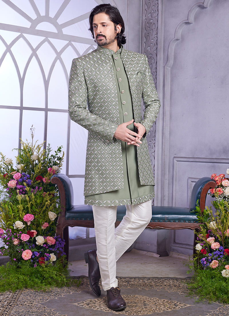 Readymade Art Silk Green Kurta with Jacket and Thread Work for Wedding Wear