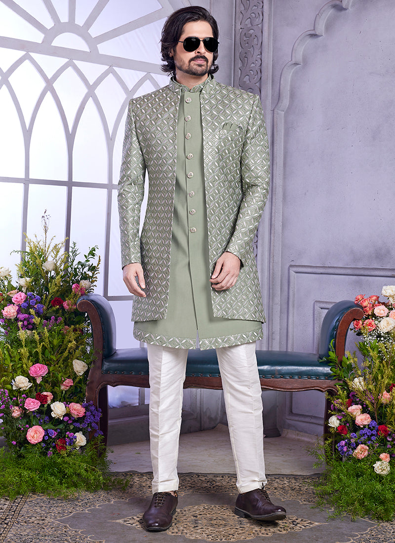 Readymade Art Silk Green Kurta with Jacket and Thread Work for Wedding Wear