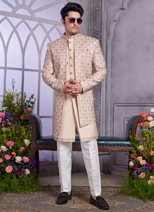 Readymade Art Silk Beige Kurta with Jacket and Thread Work for Wedding Wear