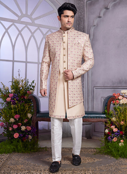 Readymade Art Silk Beige Kurta with Jacket and Thread Work for Wedding Wear
