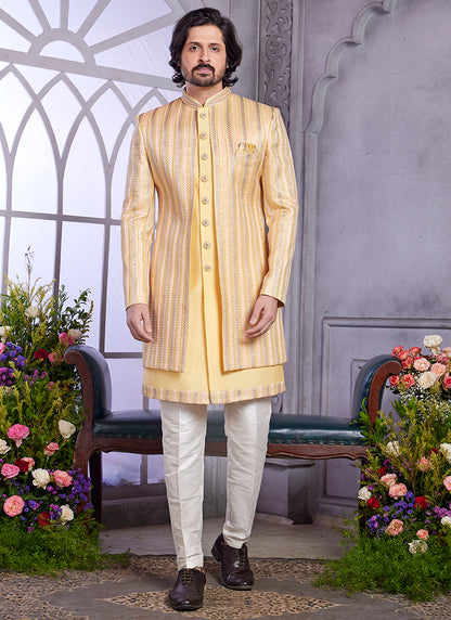 Readymade Art Silk Yellow Kurta with Jacket and Thread Work for Wedding Wear