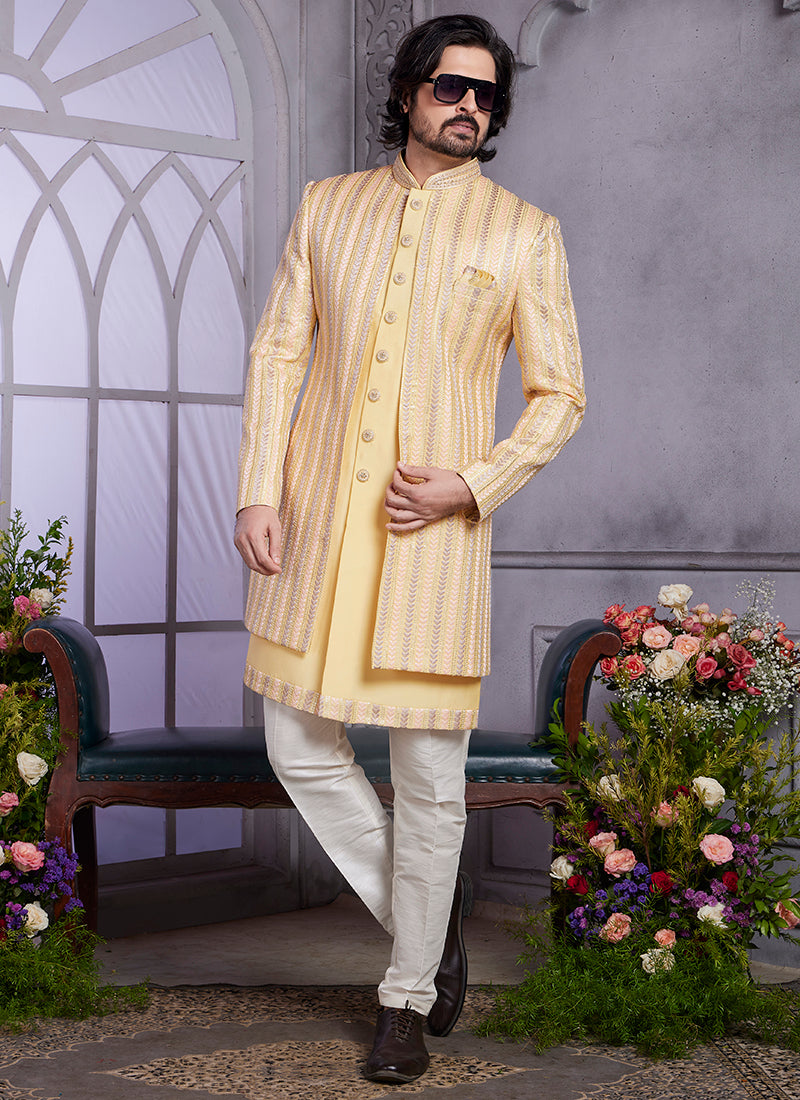 Readymade Art Silk Yellow Kurta with Jacket and Thread Work for Wedding Wear