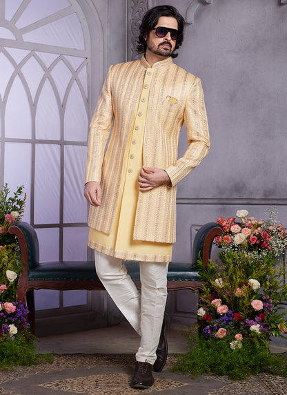 Readymade Art Silk Yellow Kurta with Jacket and Thread Work for Wedding Wear