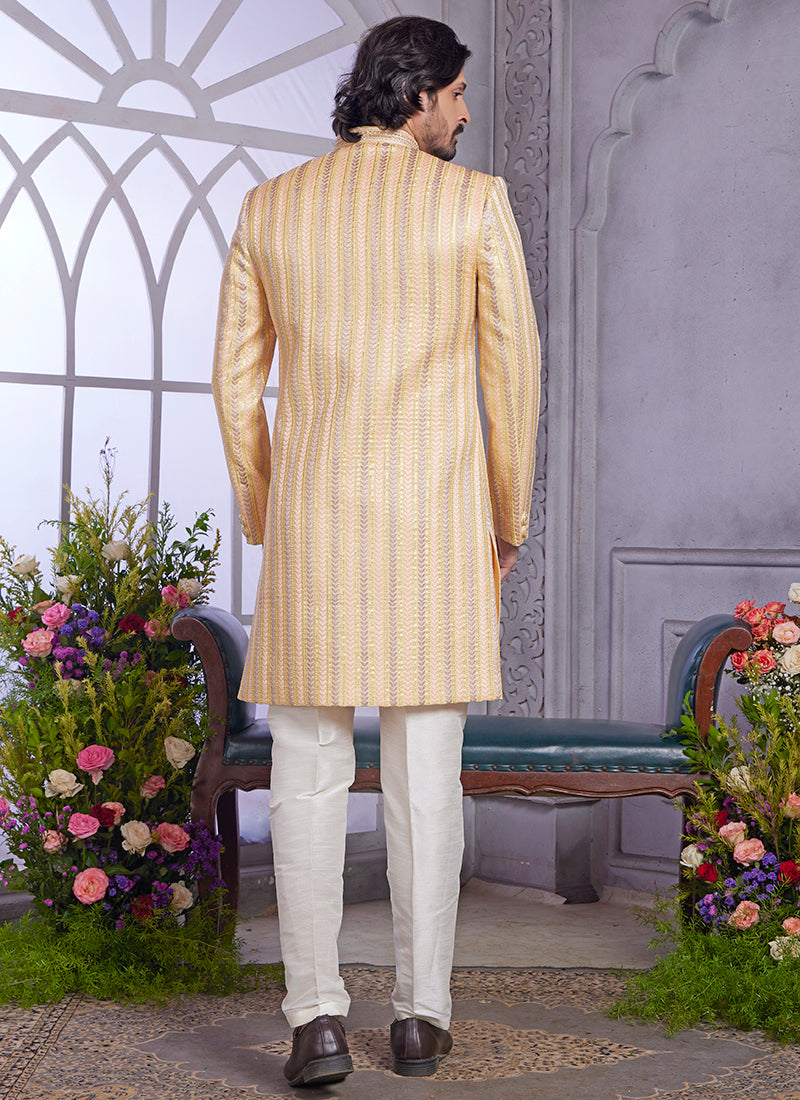Readymade Art Silk Yellow Kurta with Jacket and Thread Work for Wedding Wear