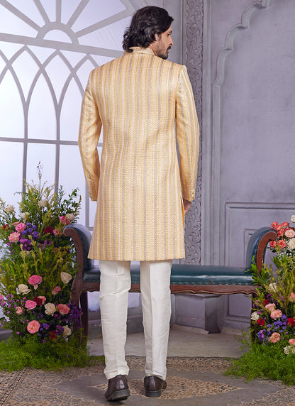 Readymade Art Silk Yellow Kurta with Jacket and Thread Work for Wedding Wear