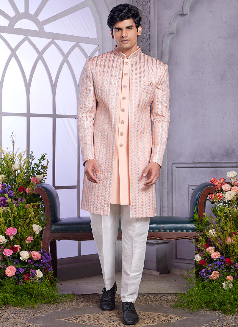 Readymade Art Silk Peach Kurta with Jacket and Thread Work for Wedding Wear