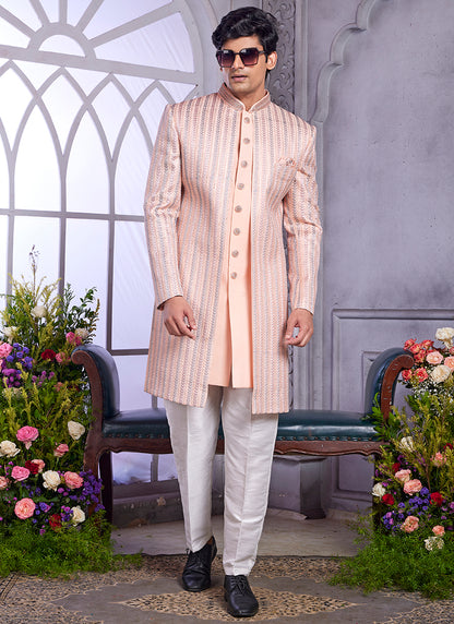Readymade Art Silk Peach Kurta with Jacket and Thread Work for Wedding Wear