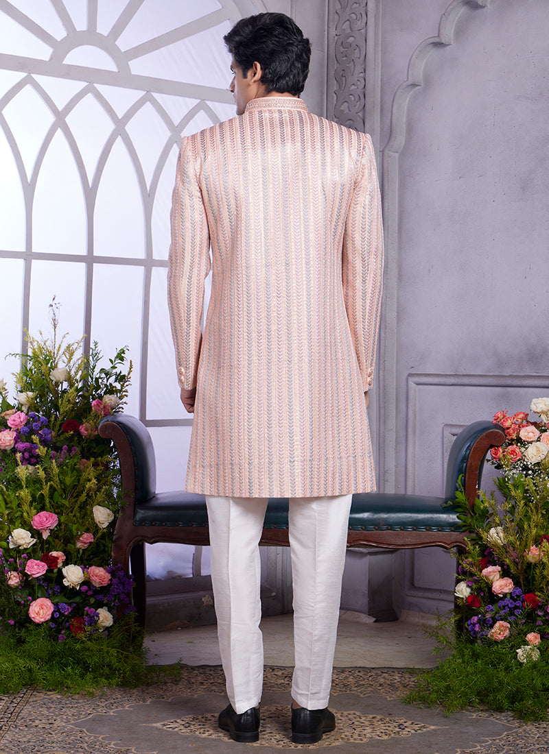 Readymade Art Silk Peach Kurta with Jacket and Thread Work for Wedding Wear