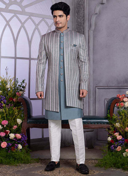 Readymade Art Silk Dark Grey Kurta with Jacket and Thread Work for Wedding Wear