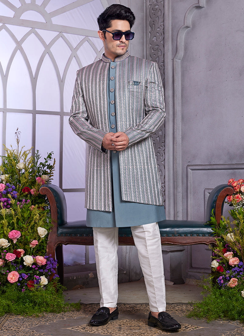 Readymade Art Silk Dark Grey Kurta with Jacket and Thread Work for Wedding Wear