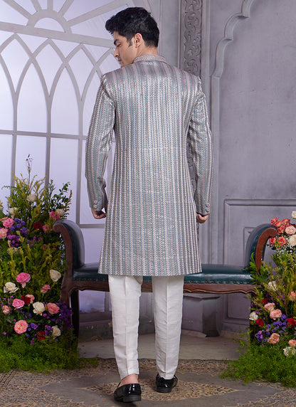 Readymade Art Silk Dark Grey Kurta with Jacket and Thread Work for Wedding Wear