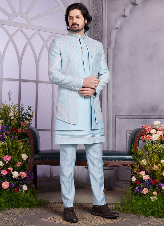 Readymade Art Silk Blue Kurta with Jacket and Thread Work for Wedding Wear