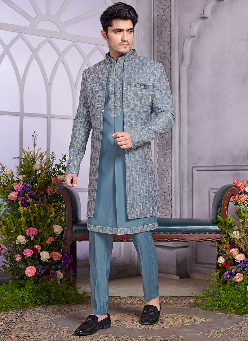Readymade Art Silk Grey Kurta with Jacket and Thread Work for Wedding Wear
