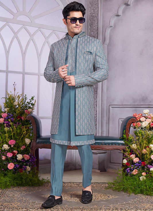Readymade Art Silk Grey Kurta with Jacket and Thread Work for Wedding Wear