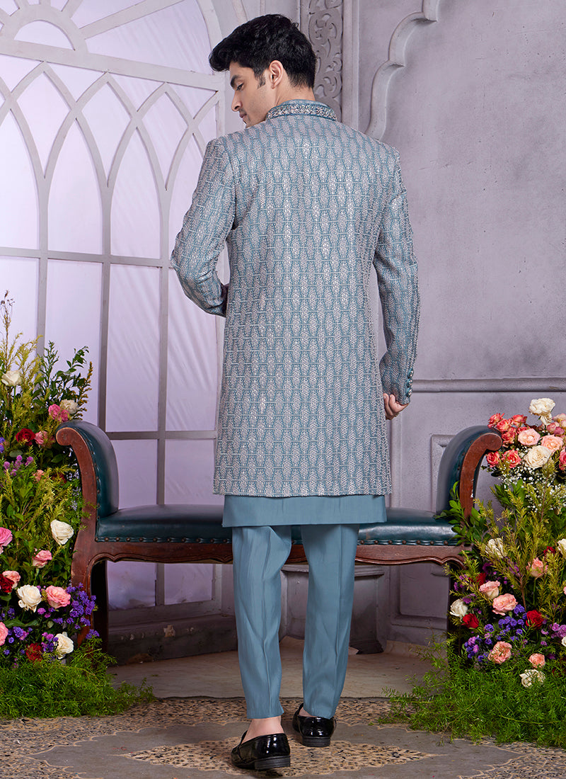 Readymade Art Silk Grey Kurta with Jacket and Thread Work for Wedding Wear