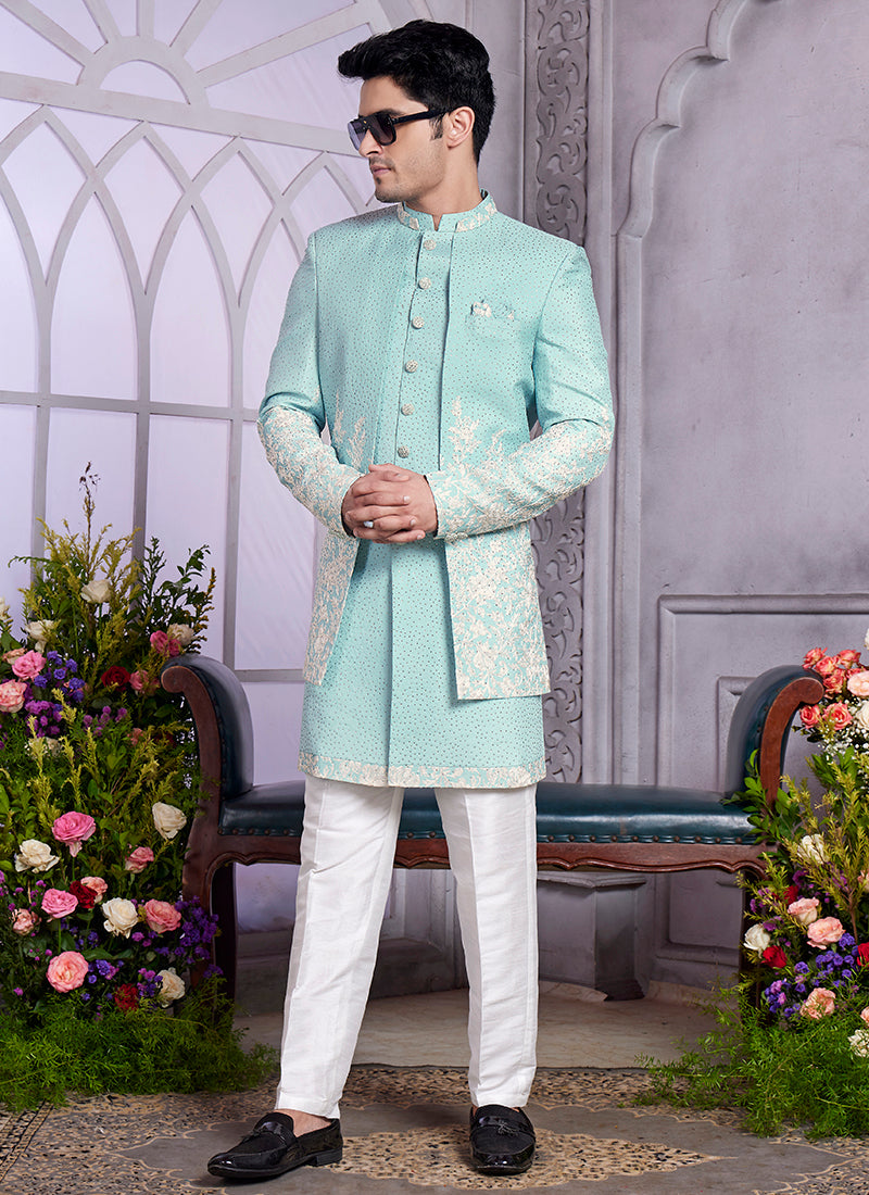 Readymade Art Silk Pista Green Kurta with Jacket and Thread Work for Wedding Wear