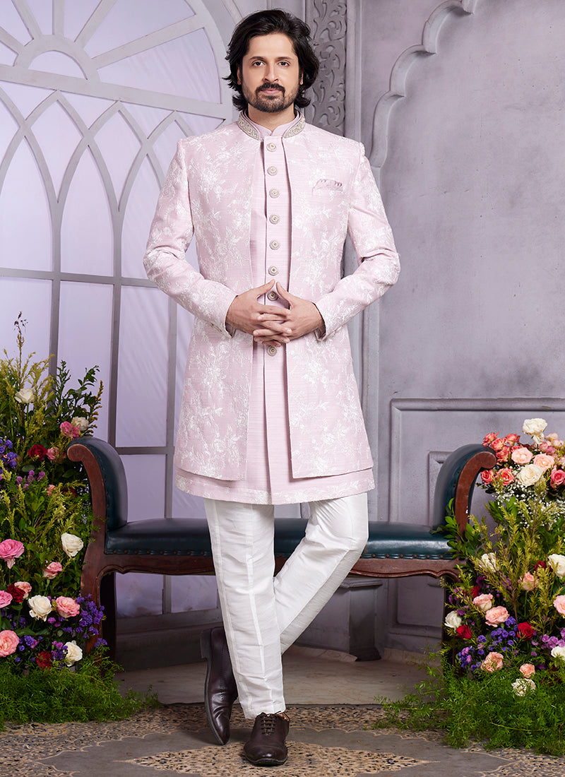 Readymade Art Silk Onion Pink Kurta with Jacket and Thread Work for Wedding Wear