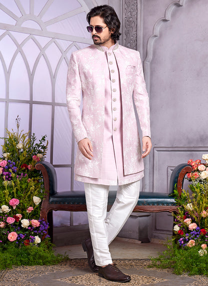 Readymade Art Silk Onion Pink Kurta with Jacket and Thread Work for Wedding Wear