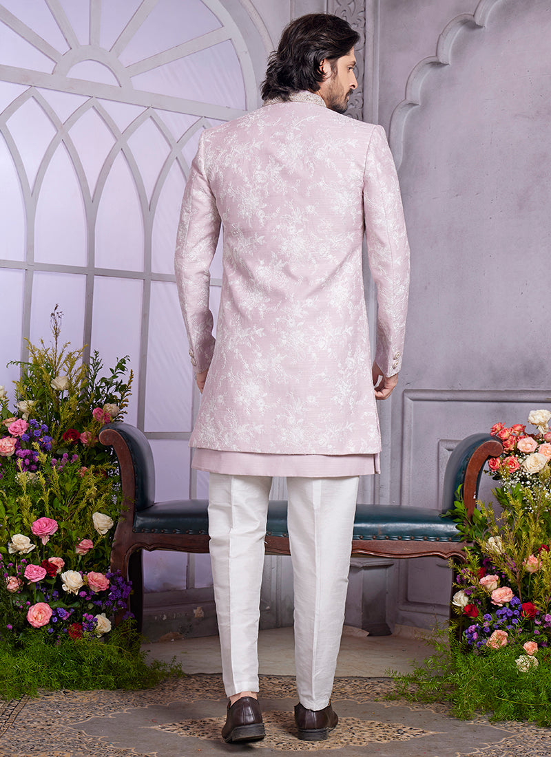 Readymade Art Silk Onion Pink Kurta with Jacket and Thread Work for Wedding Wear