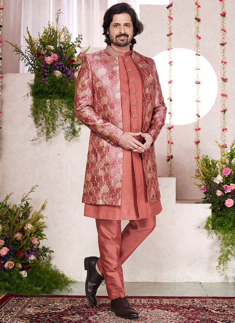 Readymade Digital Print Silk Rust Sherwani with Jacket and Embroidery Work for Party Wear