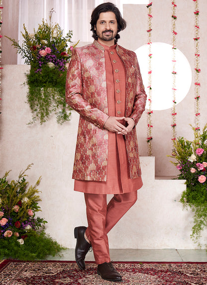 Readymade Digital Print Silk Rust Sherwani with Jacket and Embroidery Work for Party Wear