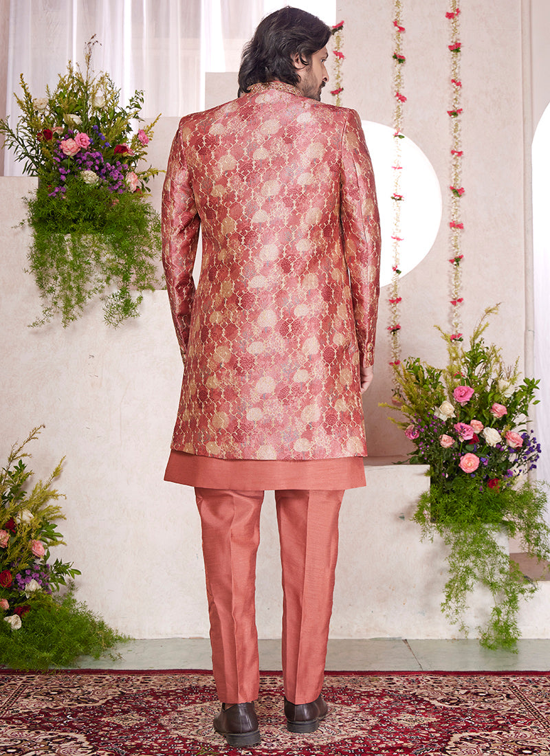 Readymade Digital Print Silk Rust Sherwani with Jacket and Embroidery Work for Party Wear