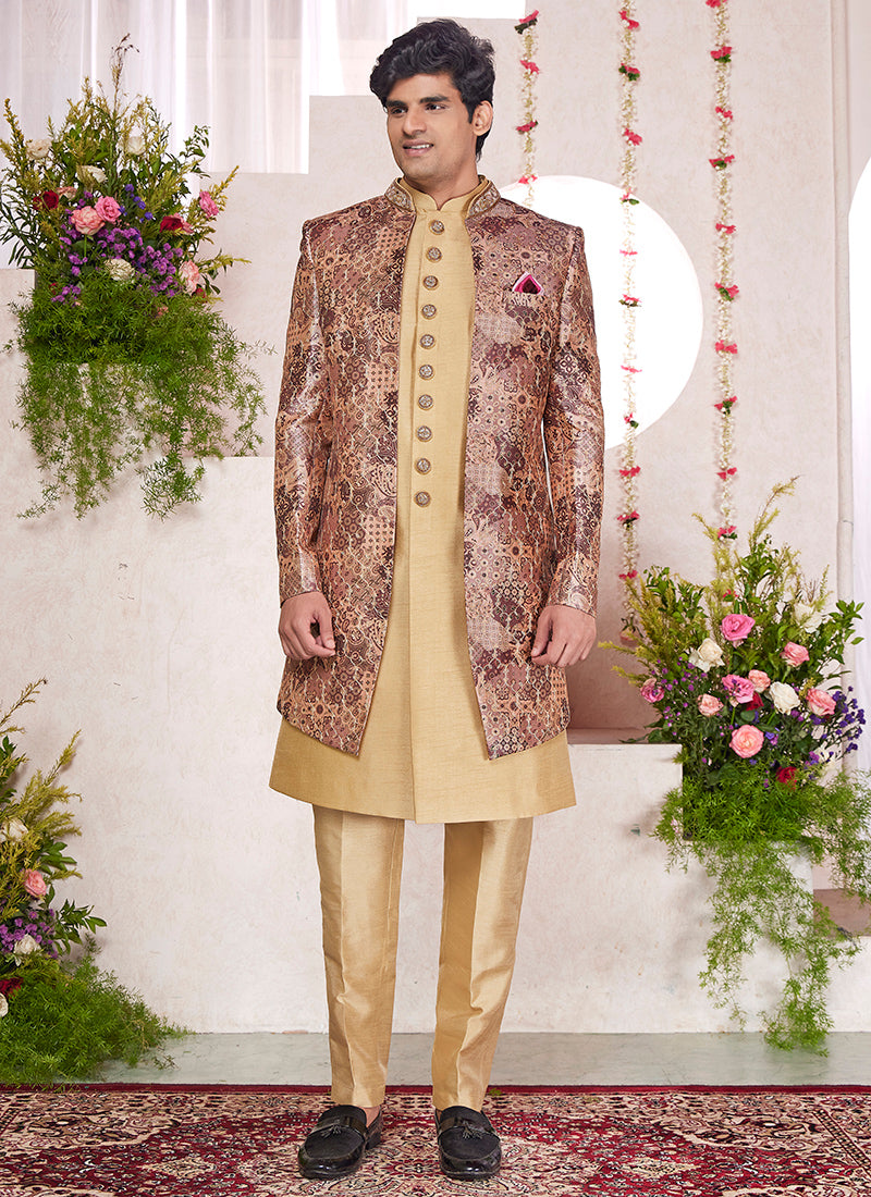 Readymade Digital Print Silk Cream Sherwani with Jacket and Embroidery Work for Party Wear