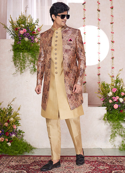 Readymade Digital Print Silk Cream Sherwani with Jacket and Embroidery Work for Party Wear