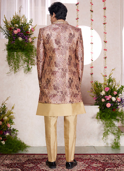 Readymade Digital Print Silk Cream Sherwani with Jacket and Embroidery Work for Party Wear