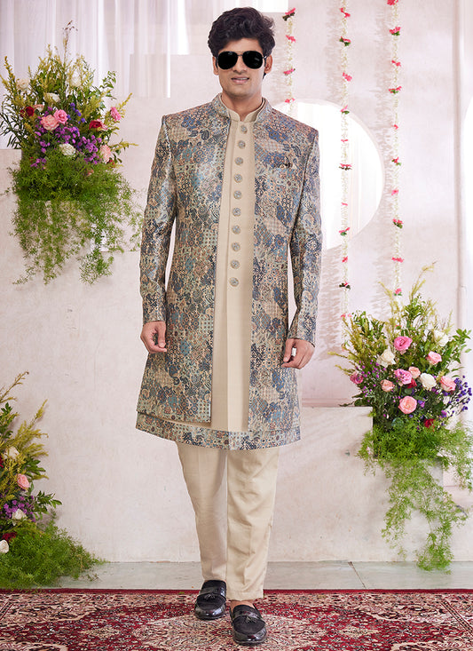 Readymade Digital Print Silk Beige Sherwani with Jacket and Embroidery Work for Party Wear