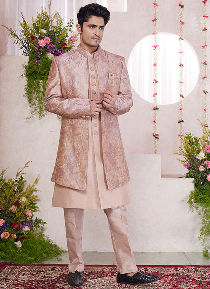 Readymade Digital Print Silk Onion Sherwani with Jacket and Embroidery Work for Party Wear