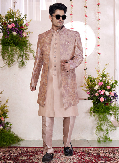 Readymade Digital Print Silk Onion Sherwani with Jacket and Embroidery Work for Party Wear