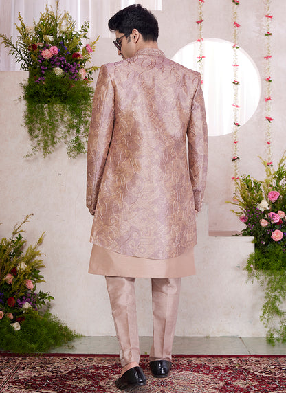 Readymade Digital Print Silk Onion Sherwani with Jacket and Embroidery Work for Party Wear