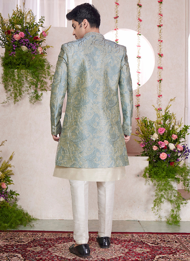 Readymade Digital Print Silk Green Sherwani with Jacket and Embroidery Work for Party Wear
