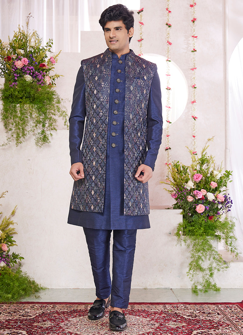 Readymade Art Silk Blue Sherwani with Jacket and Pattern PC Work for Party Wear