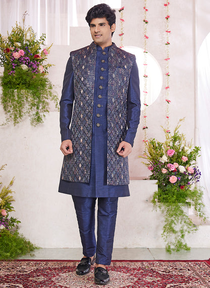 Readymade Art Silk Blue Sherwani with Jacket and Pattern PC Work for Party Wear