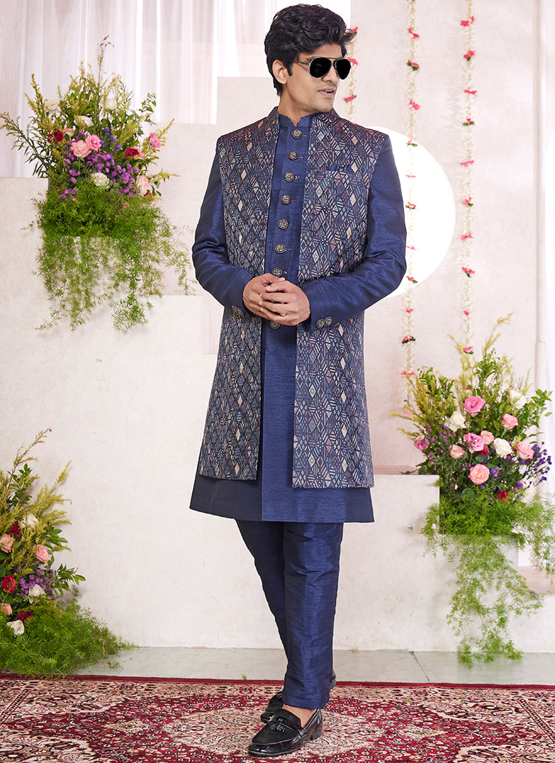 Readymade Art Silk Blue Sherwani with Jacket and Pattern PC Work for Party Wear