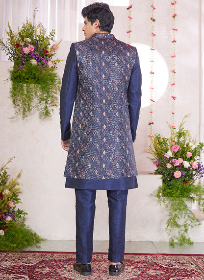 Readymade Art Silk Blue Sherwani with Jacket and Pattern PC Work for Party Wear