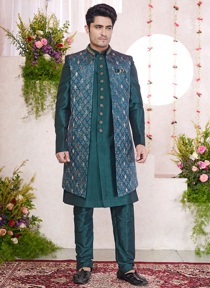 Readymade Art Silk Green Sherwani with Jacket and Embroidery Work for Party Wear