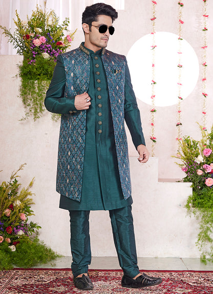 Readymade Art Silk Green Sherwani with Jacket and Embroidery Work for Party Wear