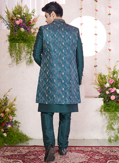 Readymade Art Silk Green Sherwani with Jacket and Embroidery Work for Party Wear