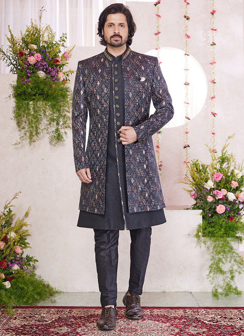 Readymade Art Silk Black Sherwani with Jacket and Embroidery Work for Party Wear