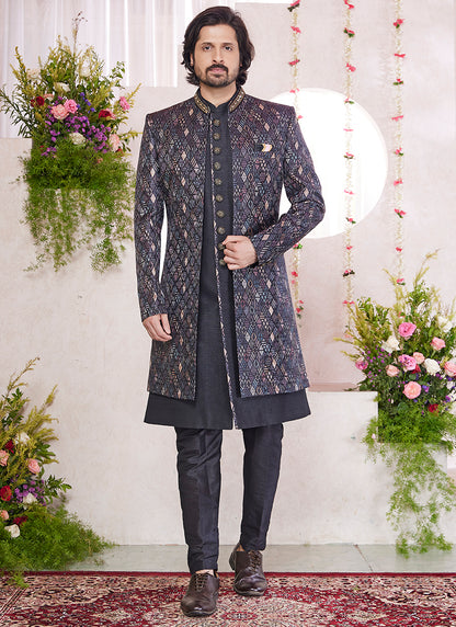 Readymade Art Silk Black Sherwani with Jacket and Embroidery Work for Party Wear