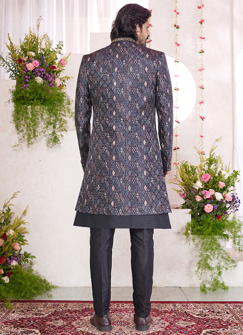 Readymade Art Silk Black Sherwani with Jacket and Embroidery Work for Party Wear