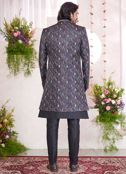 Readymade Art Silk Black Sherwani with Jacket and Embroidery Work for Party Wear